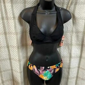 Shapermint Two Piece Bathing Suit Black Top and Floral bottoms NWT